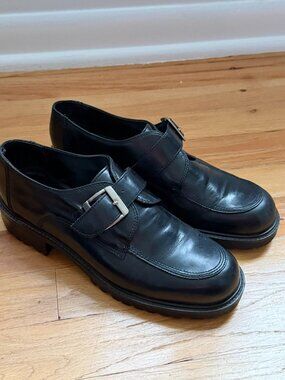 Valerie Stevens Black Leather Monk Strap Lug Sole Loafers Shoes Size 37.5